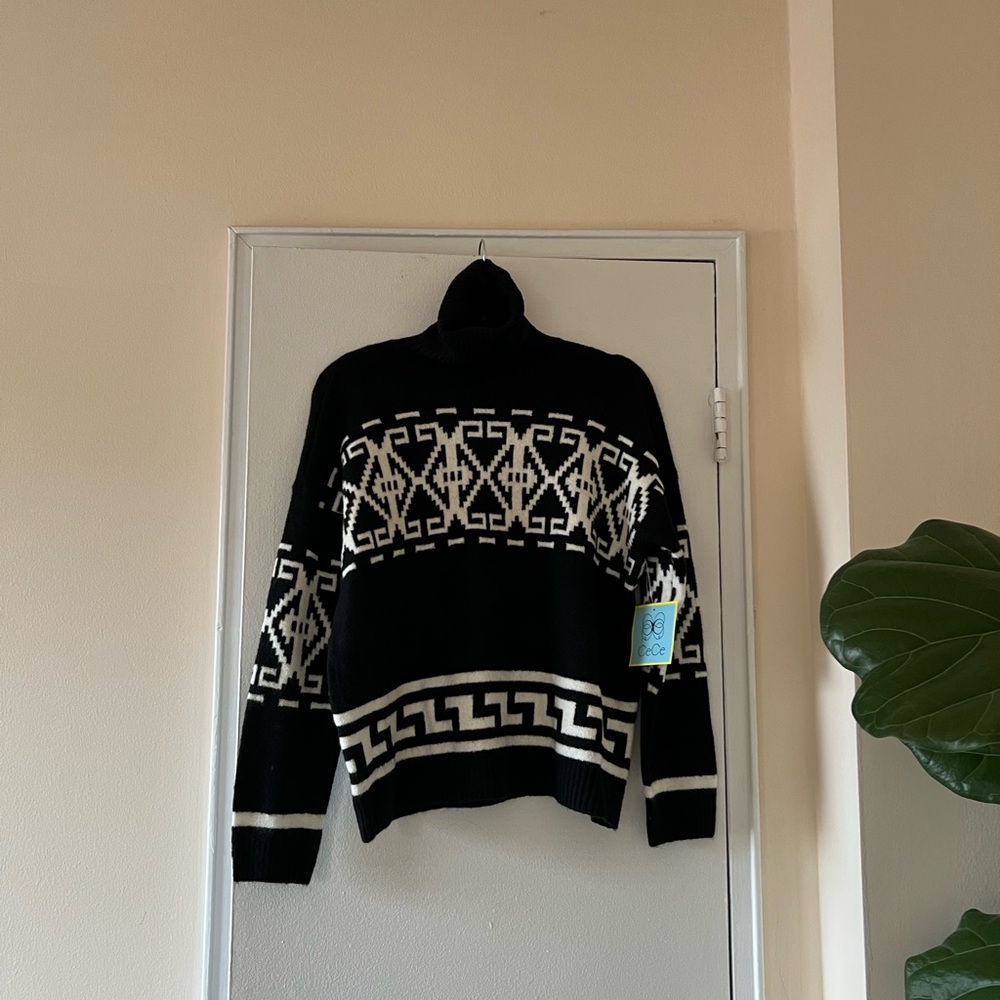 CeCe Black and White Turtleneck Sweater